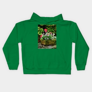 Geraniums and Lavender Flowers on Stone Steps Kids Hoodie